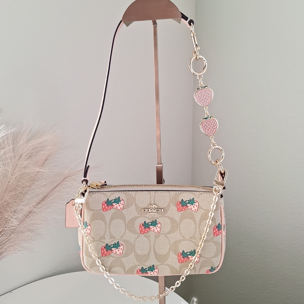 NWT Coach Nolita 19 In Signature With Strawberry Print CB603+chains